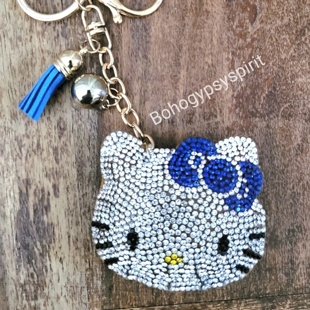 Hello Kitty Blue Bow Crystal Rhinestone Keychain Bag Charm With Tassel